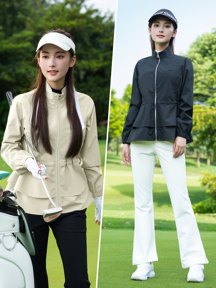 Áo khoác golf nữ cổ đứng, viền lông, dây kéo, chống gió chống thấm — Áo khoác màu xám [vải chống gió/chống thấm nước và chống văng/dây thắt lưng có thể điều chỉnh] YF844