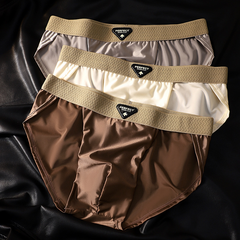 Men's Briefs Satin Ice Silk Solid Color Mid-Waist Sexy Pants Men's Large Size Loose Breathable Men's Underwear Trendy