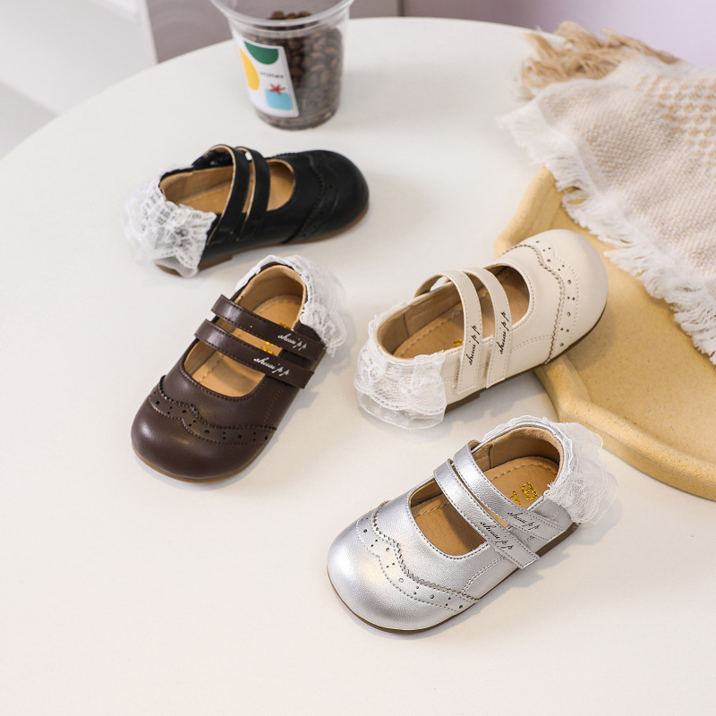 女の子の革靴、子供用プリンセスシューズ、小さな女の子の無地レースフラットシューズ、柔らかい底の春と秋のベルクロベビーシューズ|undefined