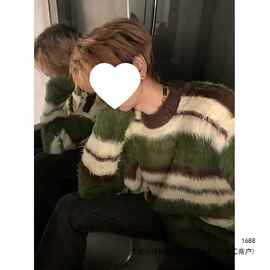 韩系潮牌条纹撞色仿貂绒圆领毛衣男秋冬休闲感套头针织衫线衣绿色