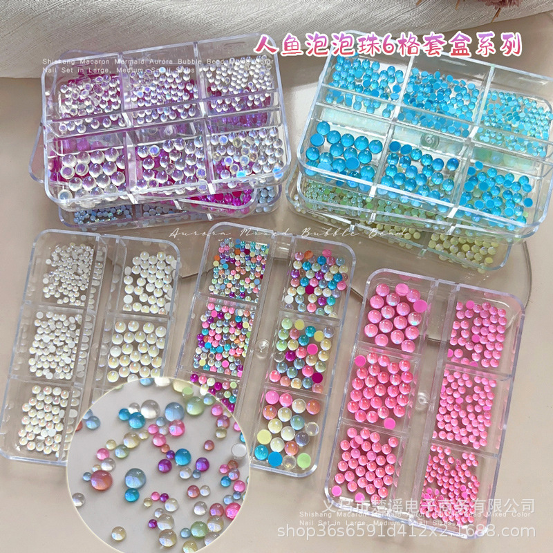 Cross-border Explosions Mermaid Bubble Beads Nail Art Jewelry Semi-round Flat Bottom Aurora Magic Color Macaron Candy Color Nail Drill