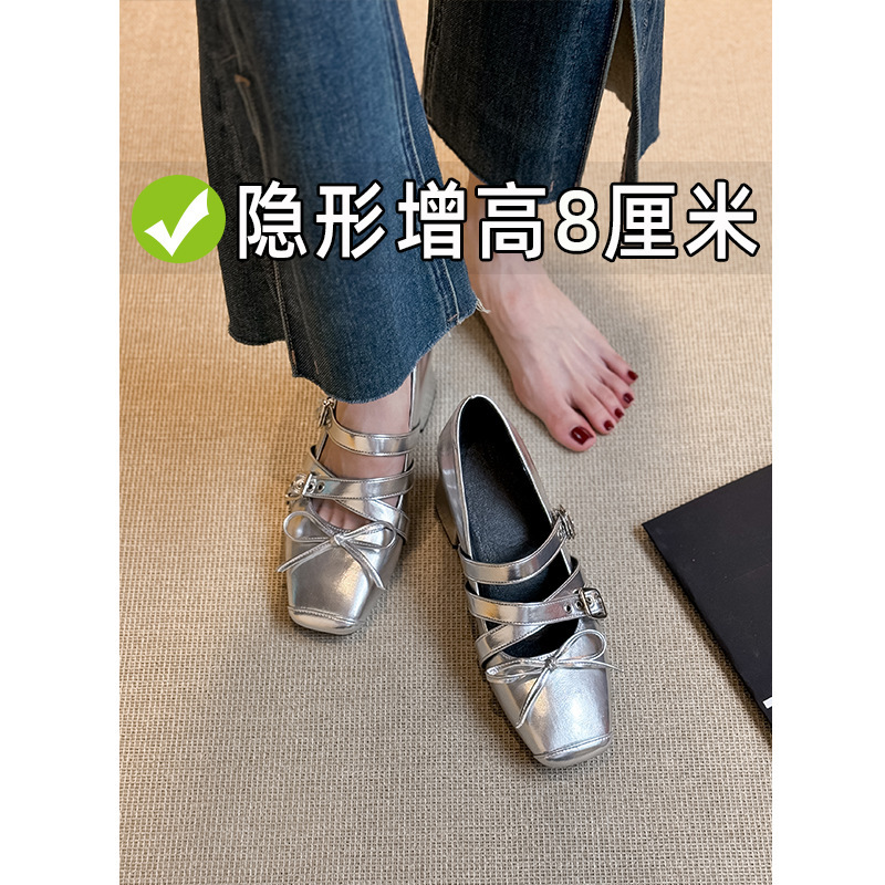 Inner Heightening Square Toe Bow Belt Buckle Shallow Mouth Mary Jane Shoes for Women 2025 Spring & Fall New Soft-Soled Ballet Shoes