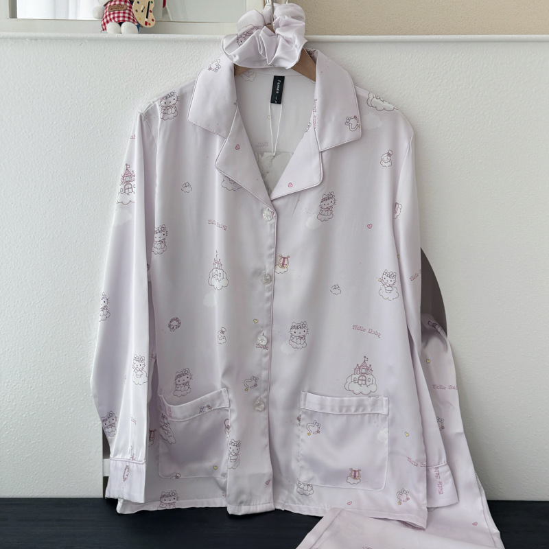 2026 Cat-Themed Women's Lavender Purple Long-Sleeve Long-Pants Ice Silk Korean-Style Cute Loungewear Set
