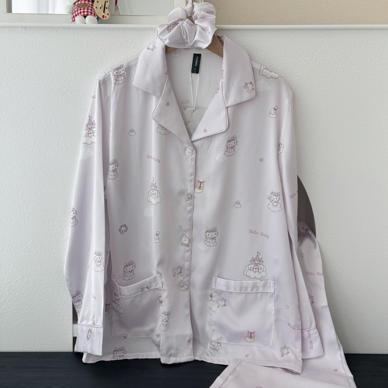 2026 Cat-Themed Women's Lavender Purple Long-Sleeve Long-Pants Ice Silk Korean-Style Cute Loungewear Set