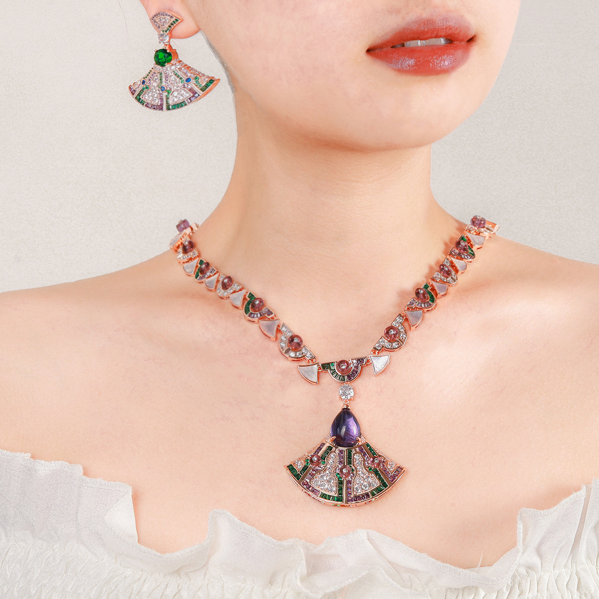 Trendy Winter Geometric Fan-shaped suit Women's Light Luxury S925 Silver Needle Micro Zircon Series Earrings Necklace Wholesale