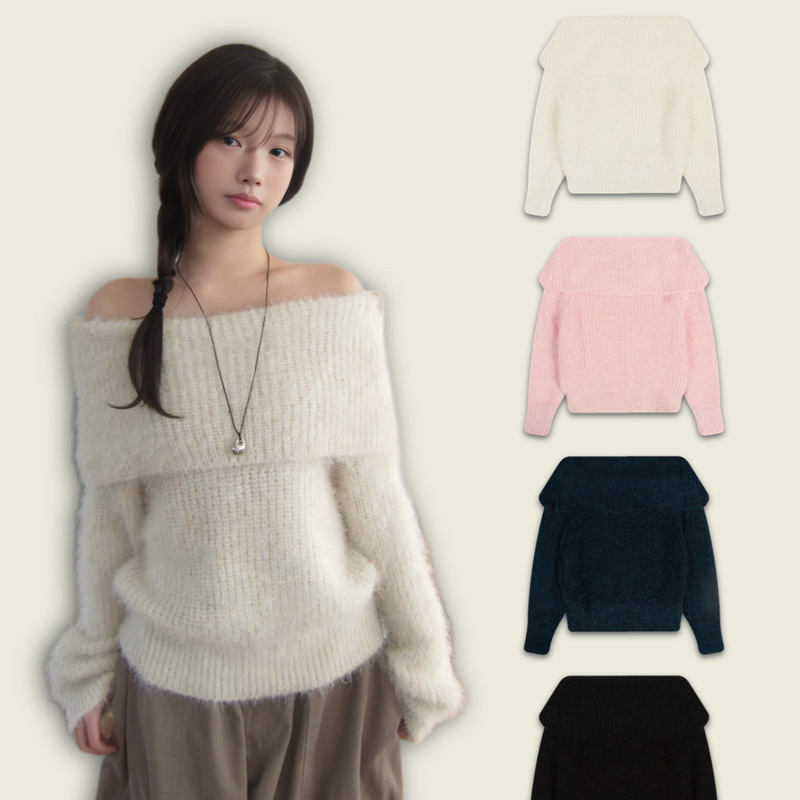 Early Autumn Korean Dongdaemun Modimood One-Shoulder Exposed Collarbone Knitted Plush Vest Suit Loose Sweater for Women