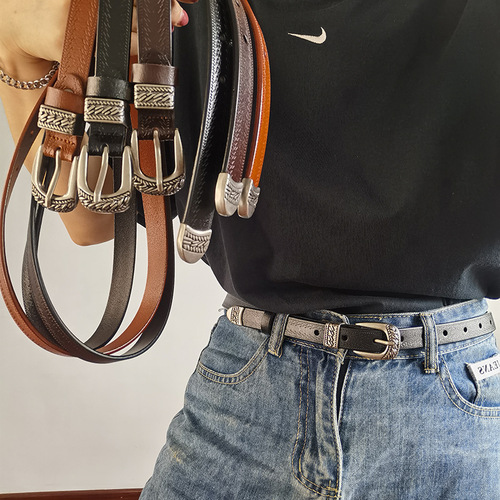 Retro fish pattern design thin belt for women simple silver buckle with jeans shirt belt for women fashionable punk style