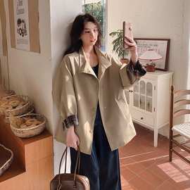气质韩系宽松风衣外套女春秋季2025感经典撞色显瘦英伦风大衣