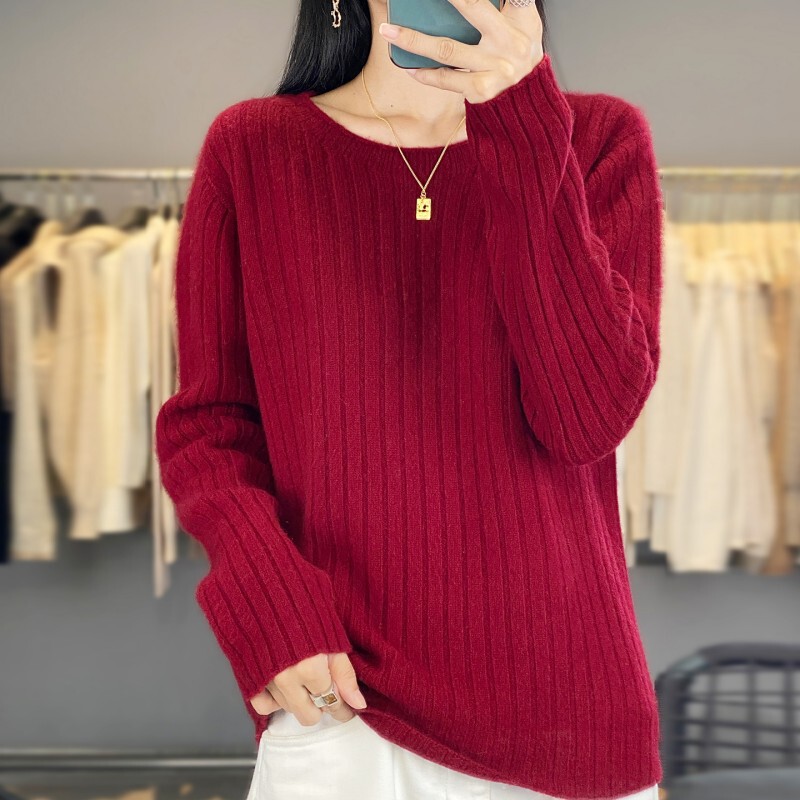 Seven-Needle Thickened Pure Wool Inner Wear Women's Round Neck Seamless One-Piece Pullover Autumn and Winter New Wide Stripesd Clothing