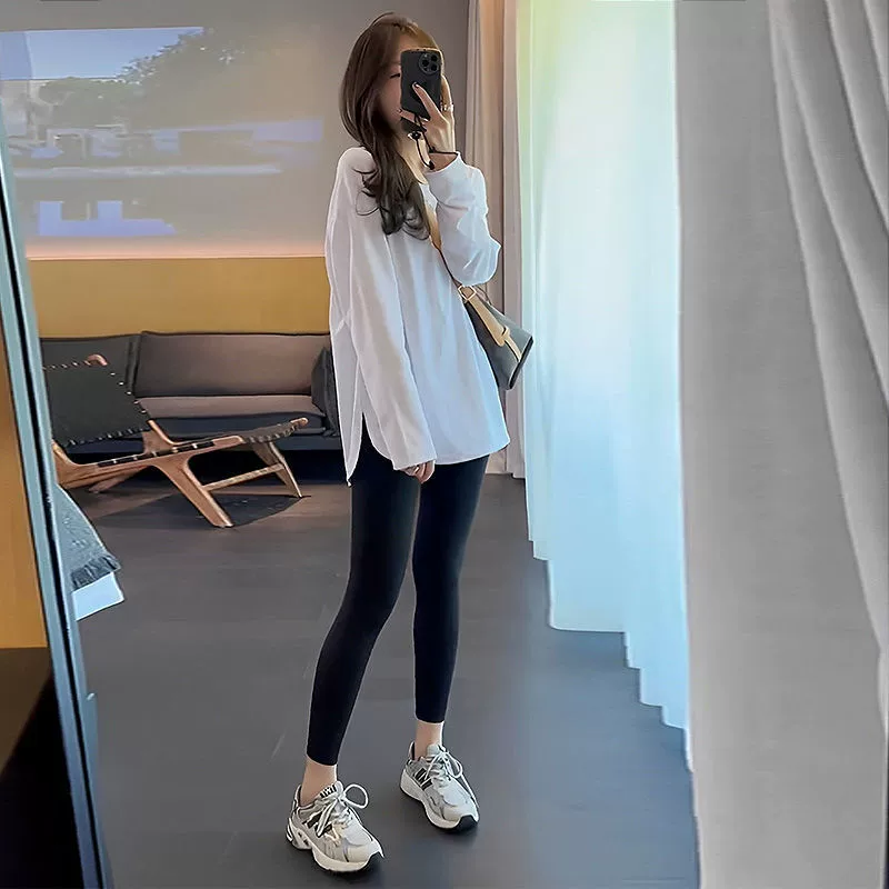 Белая женская рубашка из чистого хлопка с круглым вырезом, весенняя одежда, свободная универсальная футболка, уменьшающая возраст, топ средней длины в корейском стиле.