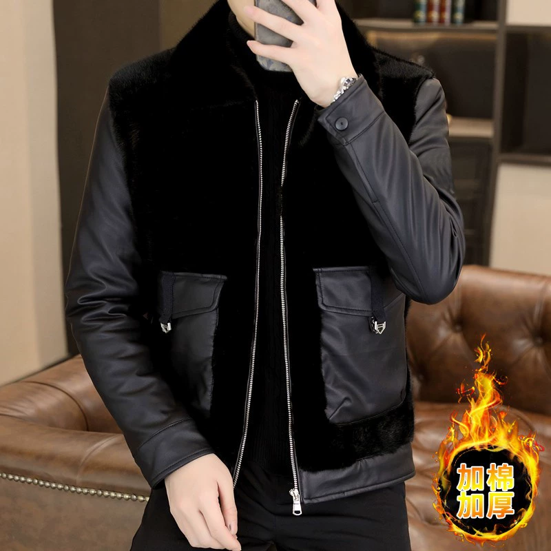 2023 Haolai House-Зимняя одежда из хлопка и утолщения Кожаная меховая кожаная куртка Одна Мужская