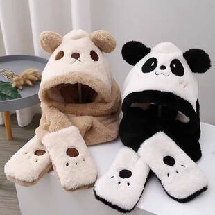 2024 Children's Panda Scarf Hat Gloves One Three-piece Set Warm Thickened Cute Ear Plush Cold Protection