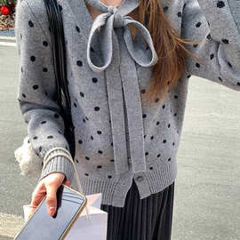 韩系V领灰色波点长袖针织开衫女秋季宽松显瘦毛衣外套短款上衣潮