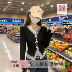 现货实拍秋季韩版蝴蝶结设计感假两件拼接V领短款长袖T恤女上衣