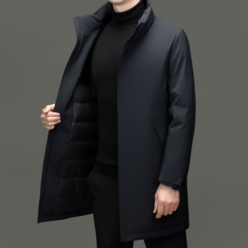 간단하고 분위기있는 겨울 남성 오리 다운 칼라 따뜻한 코트 젊고 중년 비즈니스 캐주얼 잘 생긴 롱 다운 재킷