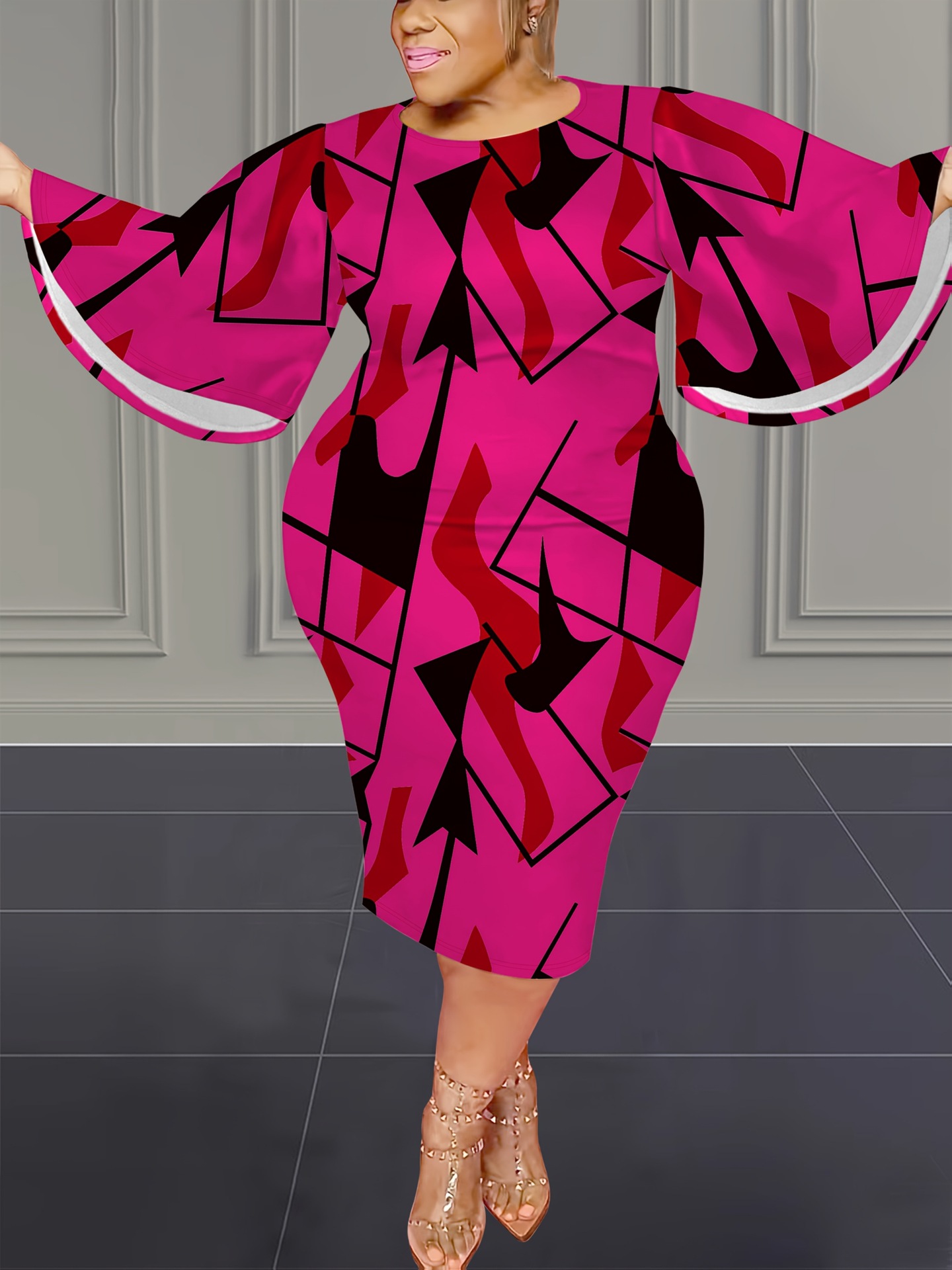 Flowy Bell Sleeve Midi Dress With All-Over Print, Plus Size A-Line Dress For Women, Elegant Casual Milk Touch Fabric Dress For Spring Autumn_ecoleips.com