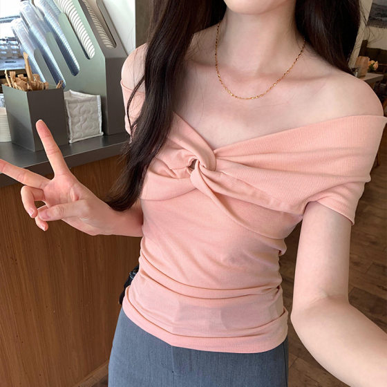 Pleated Stacking Cross Kink off-shoulder Short-sleeved T-shirt Women's Summer New Slim-fit French Elegant Hot Girl Top
