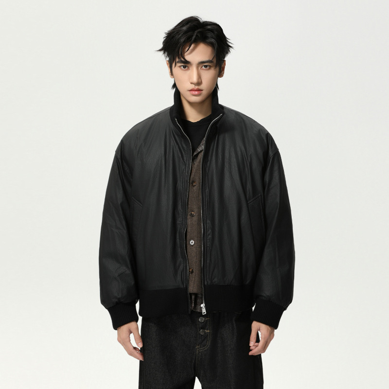 Mtlclothes Men's Clothing | Vintage Pu Leather Stand Collar Yuppie Style 90% Duck down Solid Color Versatile Daily down Jacket Trend.