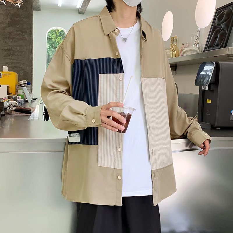 2024 marca de moda camisa de manga larga de color en contraste con costuras estadounidenses para hombres, camisa de herramientas japonesa de solapa informal suelta coreana