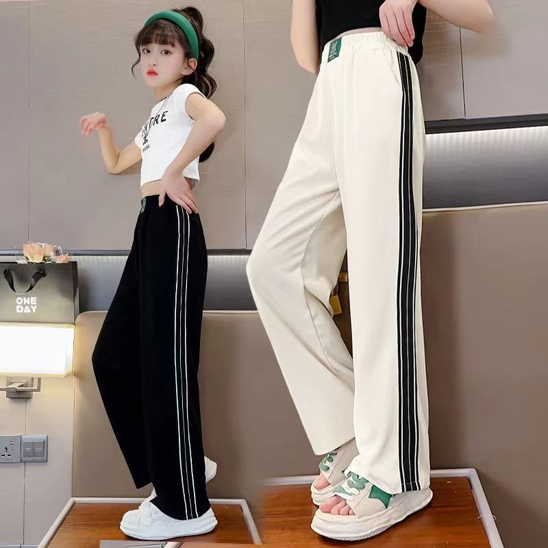 Summer thin ice silk pants for girls, wide-leg pants for students, loose high-waisted casual straight-leg trousers for middle and large children, trendy