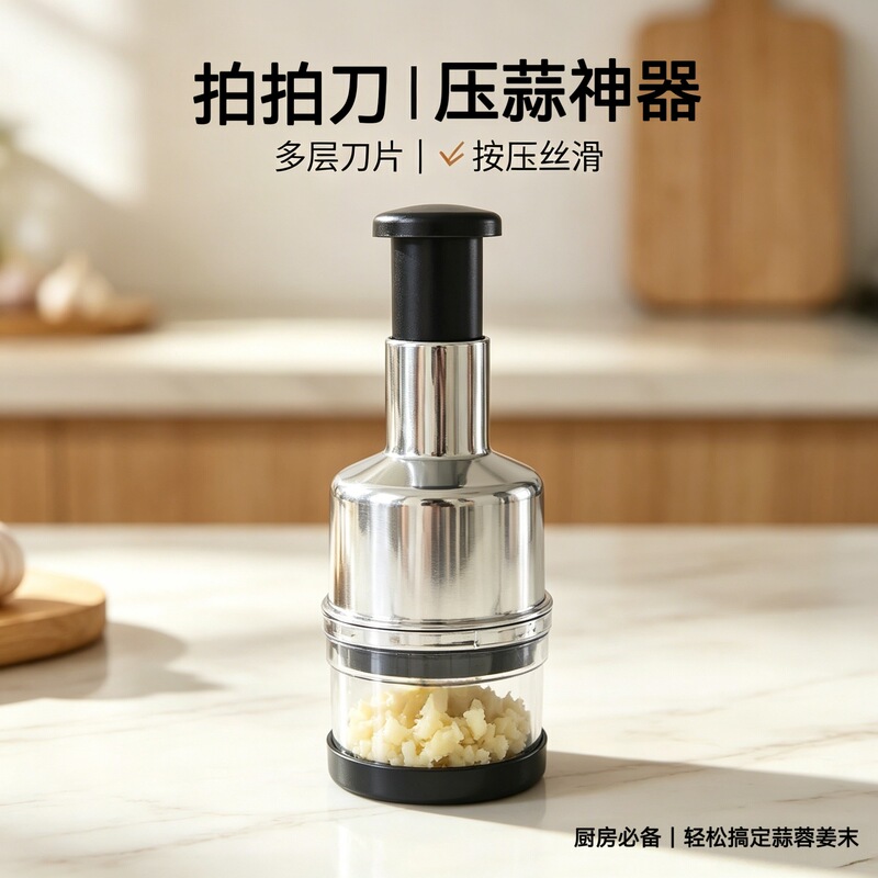 Manual garlic press, stainless steel garlic crusher, hand-operated vegetable chopper, a handy kitchen tool for making garlic paste Manual garlic press, stainless steel garlic crusher, hand-operated vegetable chopper, a handy kitchen tool for making garlic paste