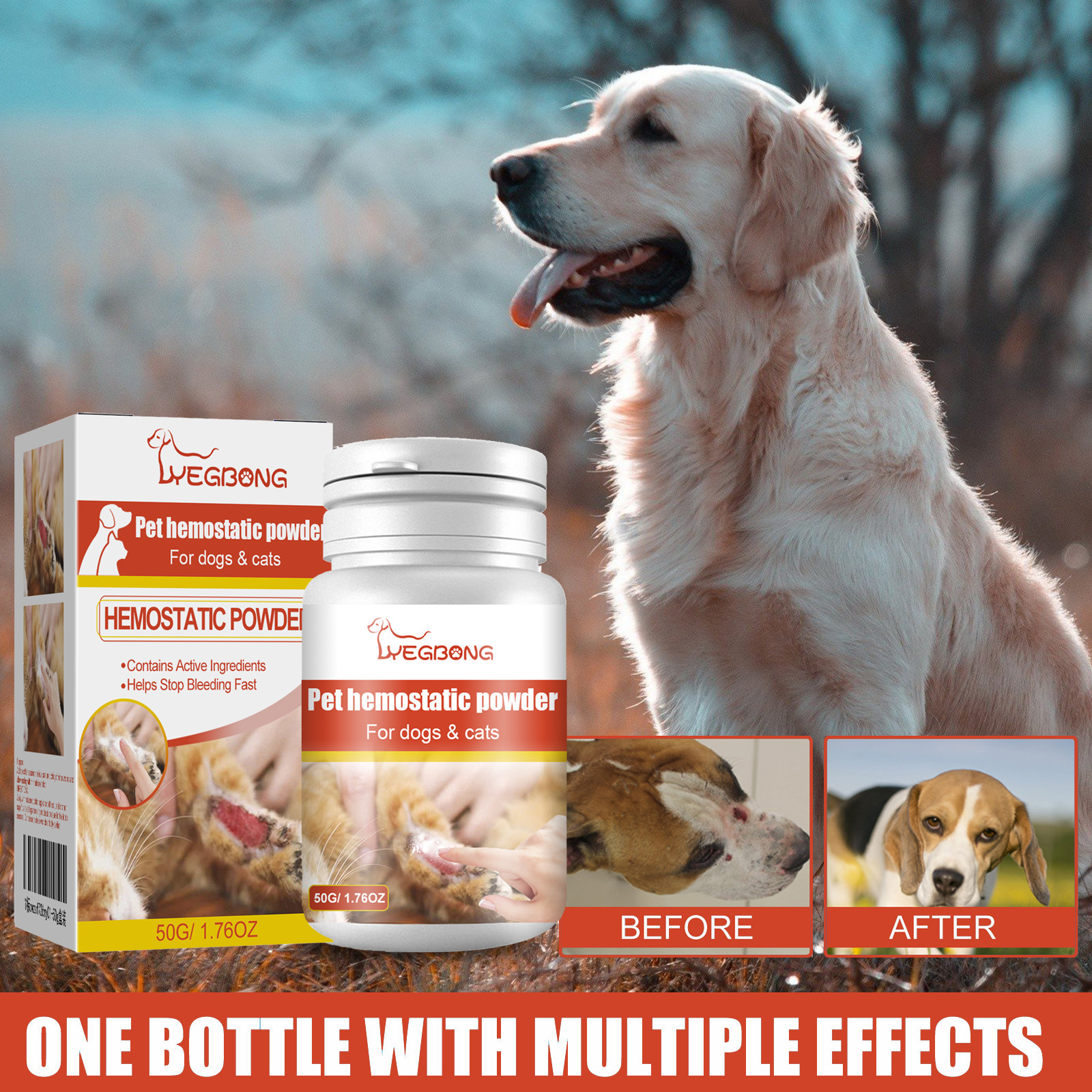 Yegbong Pet Hemostatic Powder Relieves Pet Trauma Healing Powder Cat and Dog Skin Wound Cleaning Hemostatic Powder