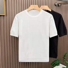 春夏季高级感菱条纹短袖针织衫青年白色内搭潮牌舒适圆领半袖上衣