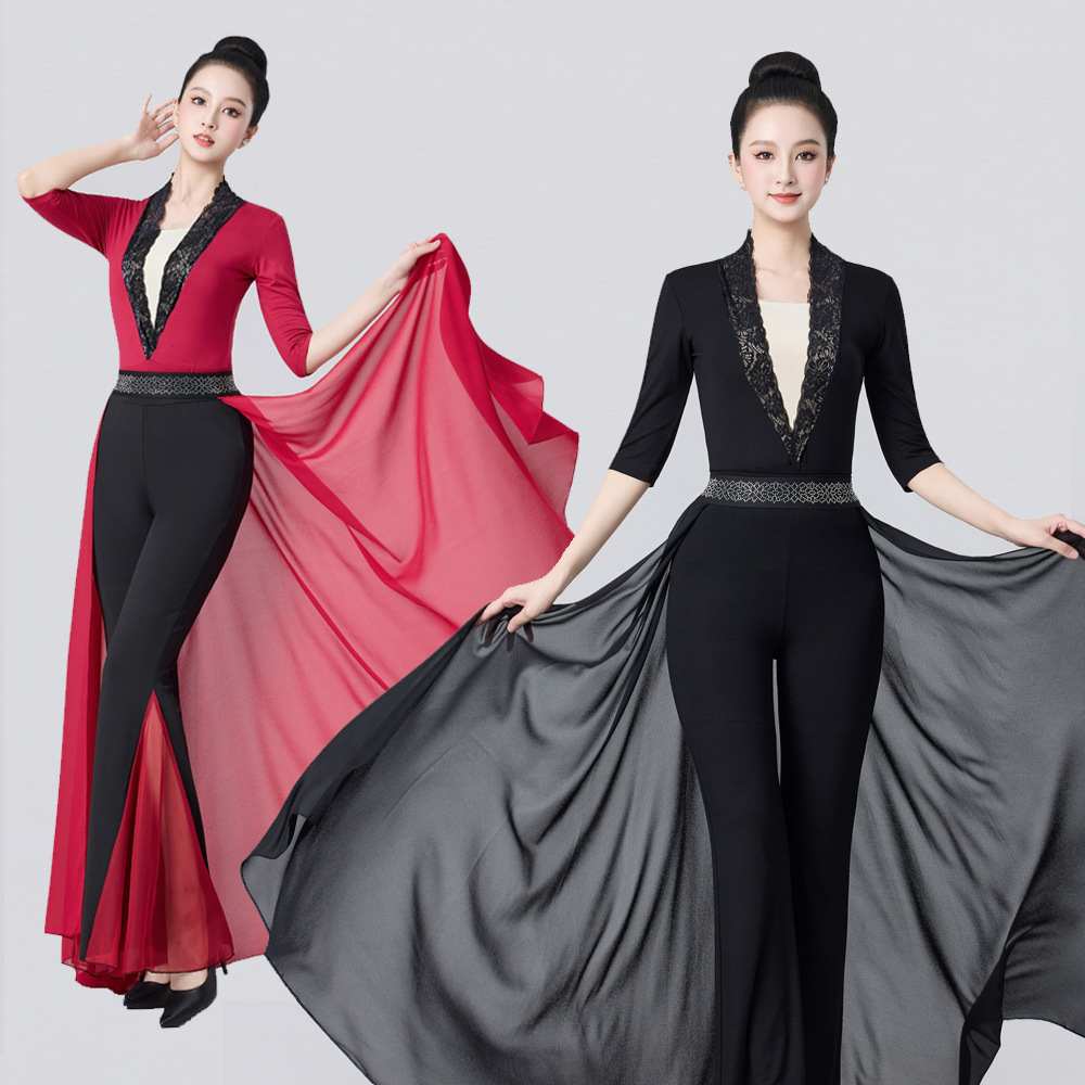 Lace Deep V Black and Gray Body Suit Dance Suit Catwalk Model Practice Training Suit Training Etiquette Modal Suit