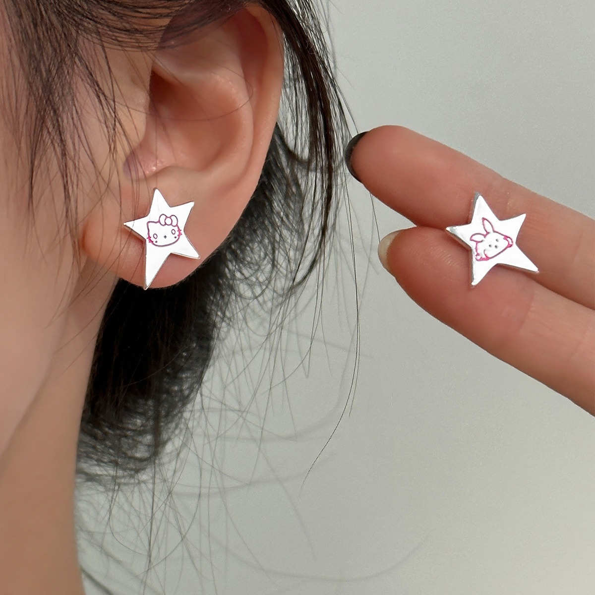 925銀針星星耳釘甜美可愛塗鴉貓咪耳環童趣甜美風粉色兔子耳飾