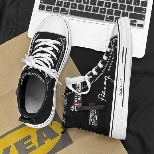 Canvas Men's Shoes, Four-Season Men's Personalized High-Top Black Sneakers, Fashionable Youth Casual Sports Cloth Shoes, Dropshipping