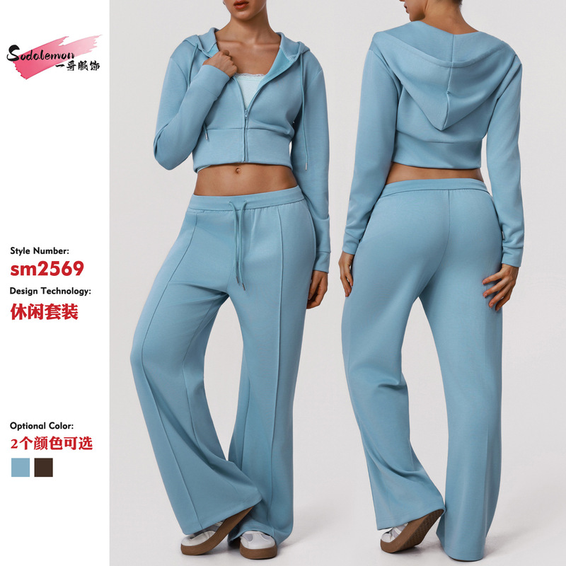 European and American Style Sports Wide-Leg Pants for Women, Autumn and Winter Hooded Long-Sleeve Top Jacket Fitness Outfit Set Juicy Couture