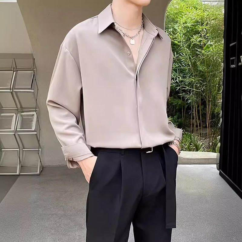 High-grade Ironing-free Drop-feeling Silky Solid Color Black and White Shirt Men's Long-sleeved Loose Fashionable Row Ice Silk Lightly Mature Top