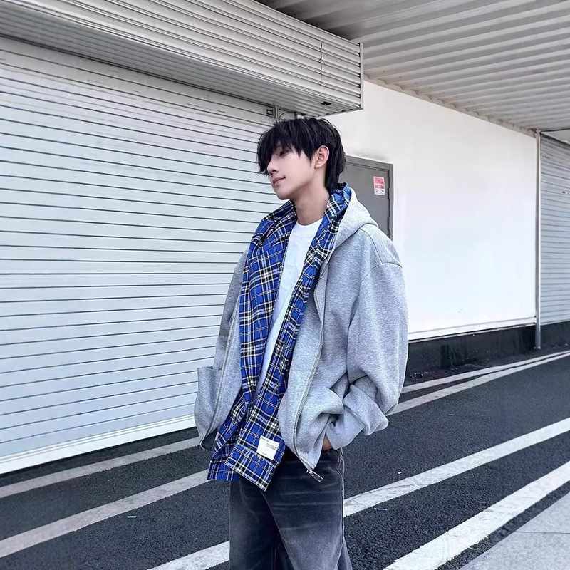 Fake Two-piece Hooded Cardigan Sweater Men's Spring and Autumn Design Sense Niche Hooded Jacket Trendy Brand Plumpton Handsome Plaid Jacket