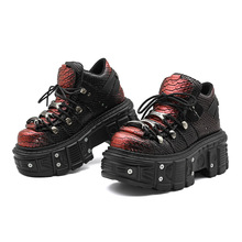 夏季跨境厚底朋克增高松糕坦克底女靴酒红色蟒蛇纹高帮鞋工厂直供