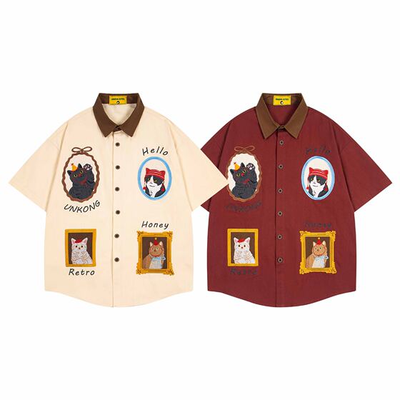 American Style Vintage vintage Fun Cat Embroidered Short Sleeve Shirt Men's and Women's Summer Loose Top Trendy