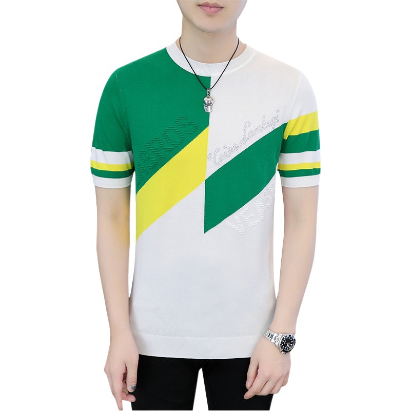 Verano 2023 hombres de moda europea marca de seda de hielo cuello redondo moda delgada contraste color rhinestone manga corta Camiseta top