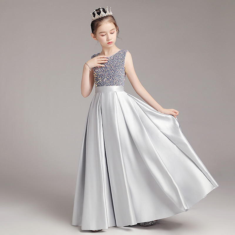 Concurso de piano para niñas vestido de noche traje de princesa vestido infantil anfitrión gris colorido cintura ajustada traje de rendimiento primavera
