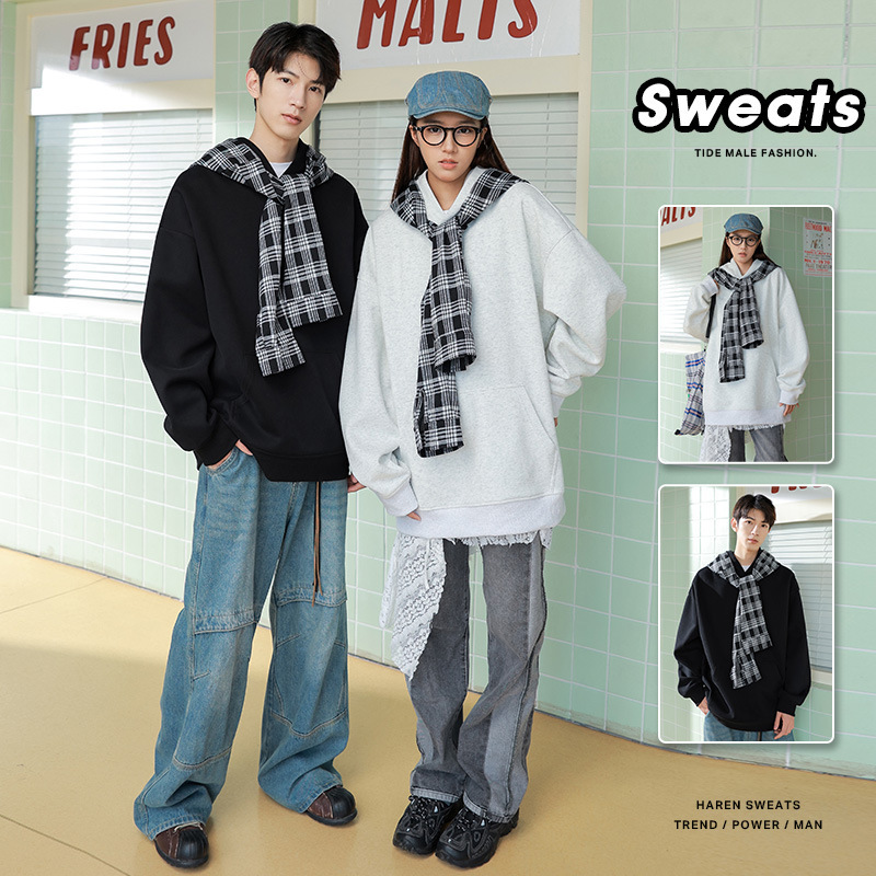 2025 Shawl Fake Two-Piece Spliced ​​Plaid Hooded Sweatshirt Men's Autumn and Winter New Preppy Style Design Trendy Brand Tops Batch