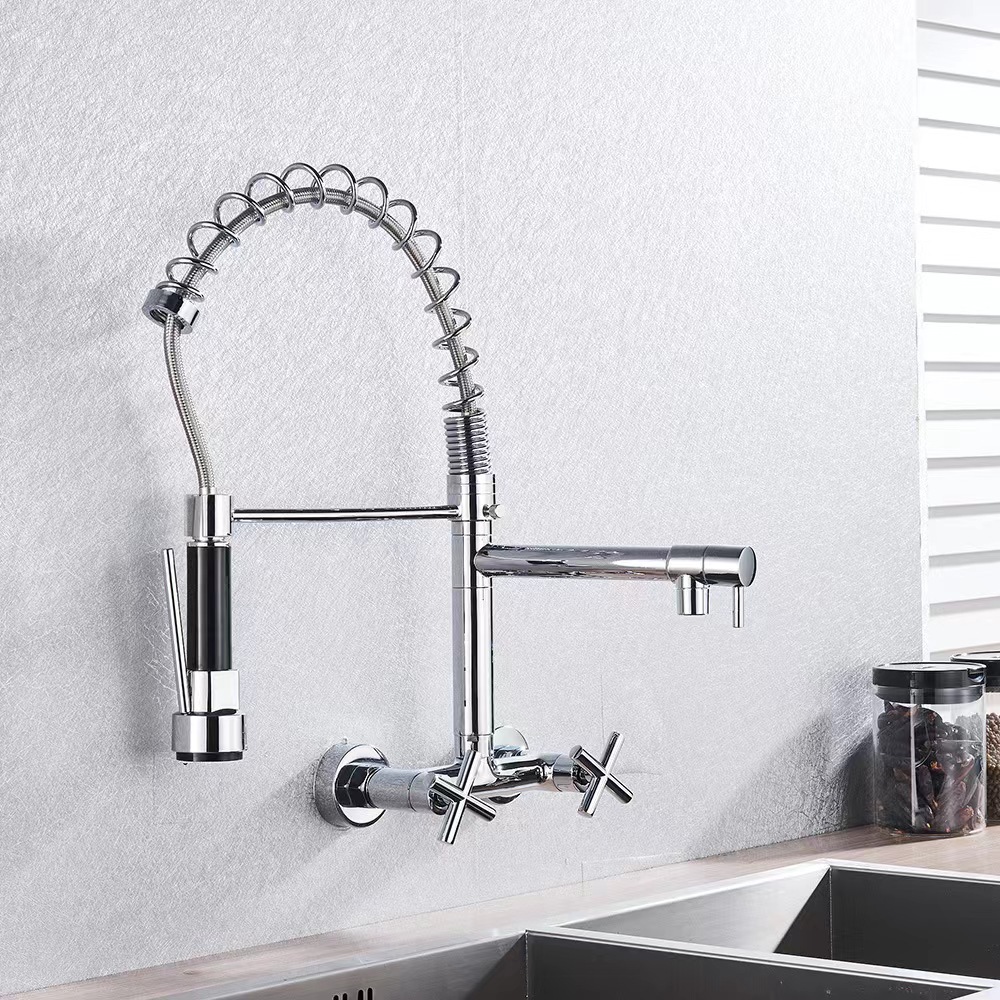 Ousapai semi-copper wall-mounted hot and cold exposed spring kitchen faucet, wall-mounted double-handle spring faucet undefined