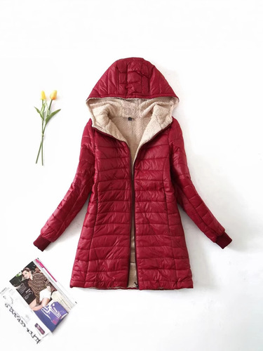 2025 Autumn/Winter New Korean Style Thick Fleece Lined Hooded Mid-Length Slim Fit Warm Lamb Wool Cotton Jacket for Women
