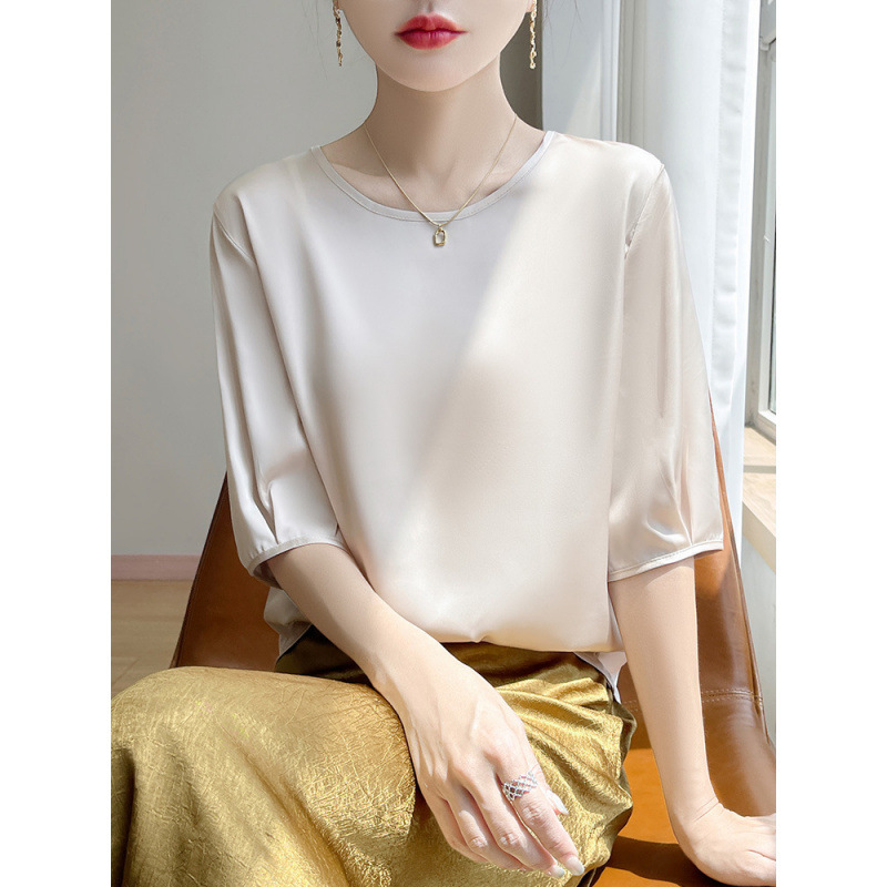 Summer New Style Three-Quarter Sleeve Round Neck Acetate Satin T-Shirt for Women, Versatile Slimming Look Pure Color Imitation Silk Bottoming Shirt Top