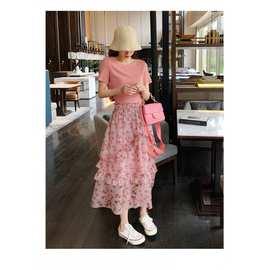 粉色减龄套装女2024夏季韩版恤碎花半身裙时尚两件套潮