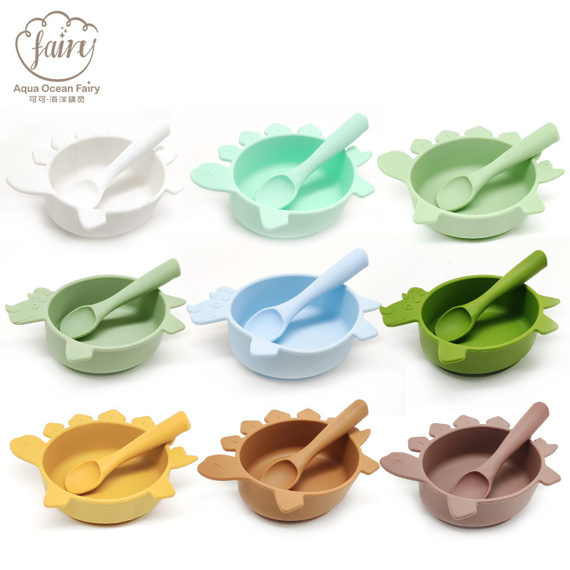 Cross-border hot silicone dinosaur bowl spoon cute non-slip tableware two-piece baby food supplement silicone bowl spoon wholesale
