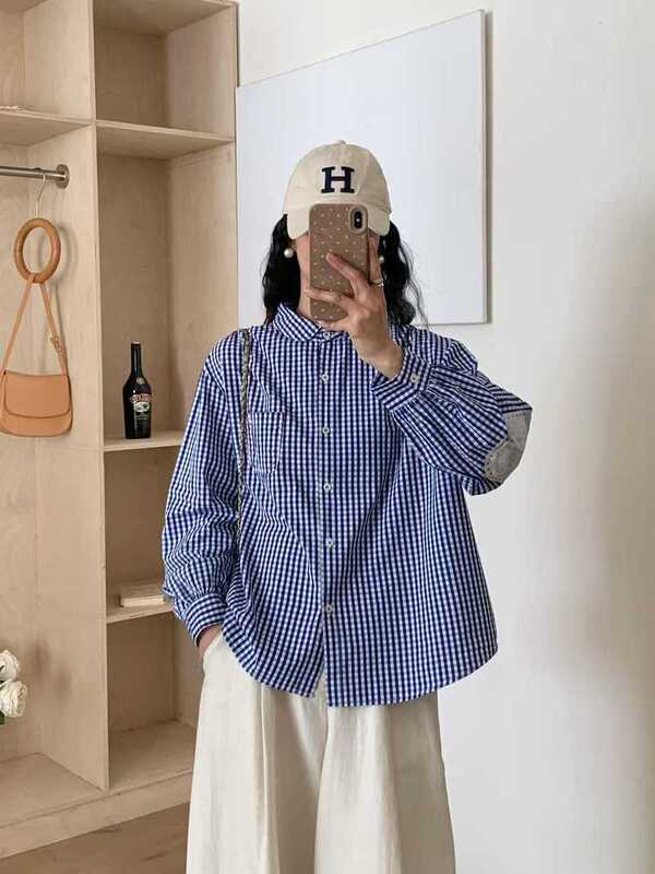 2026 Spring New Style Plaid Sleeve Patch Loose Oversized Women's Cardigan Long Sleeve Shirt Wholesale 2026 Spring New Style Plaid Sleeve Patch Loose Oversized Women's Cardigan Long Sleeve Shirt Wholesale