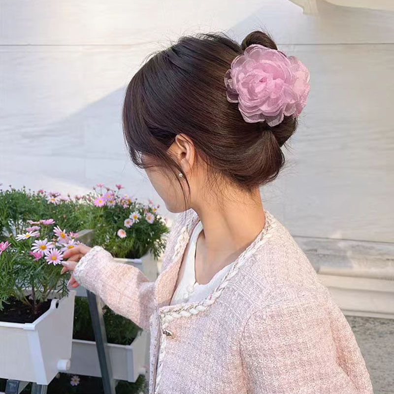Francés Super Hada tridimensional Rosa flor clip hembra verano Hada espalda Cabeza updo tiburón clip tocado flor
