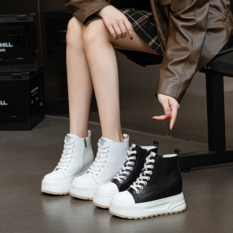 High-Top Shoes for Women 2026 Autumn and Winter New Style White Shoes Thick-Soled Lace-Up Short Boots Women's Fashion Solid Color Simple Women's Shoes