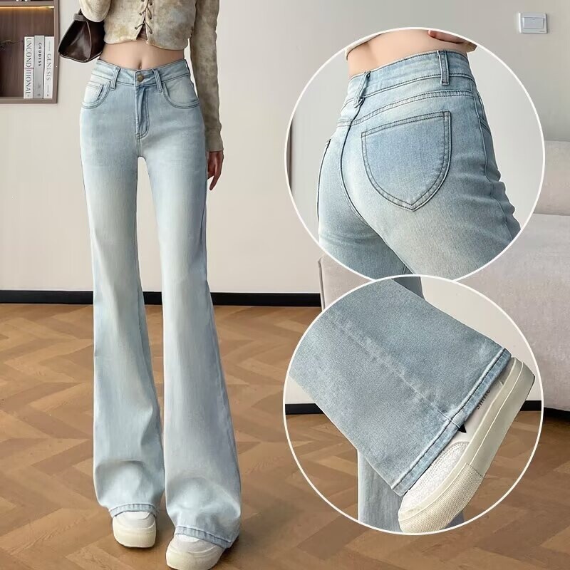 Light blue plus-size women's flared jeans for petite figures, summer 2026, mid-high waist, slimming and figure-flattering bell-bottom pants Light blue plus-size women's flared jeans for petite figures, summer 2026, mid-high waist, slimming and figure-flattering bell-bottom pants