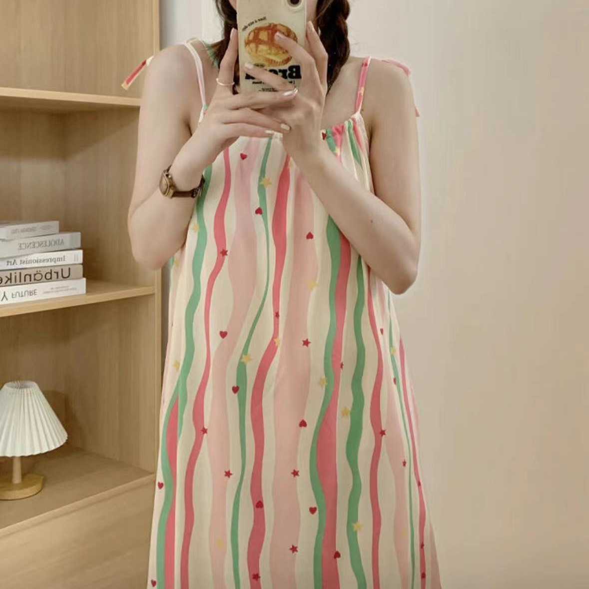 Verano nuevo vestido de dormir de mujer falda media estofado de pecho arco iris de dopamina línea dulce simple vestido casero casual al por mayor