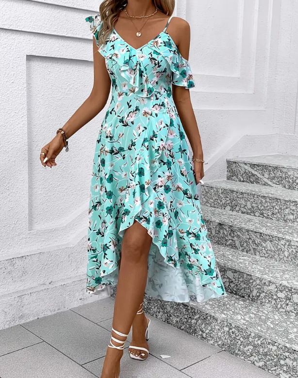 Women's Clothing Floral Print Sundress Irregular Slit Slim Waist Vacation Style Long Dress Fairy Beach Photos Dress For Women_ecoleips.com