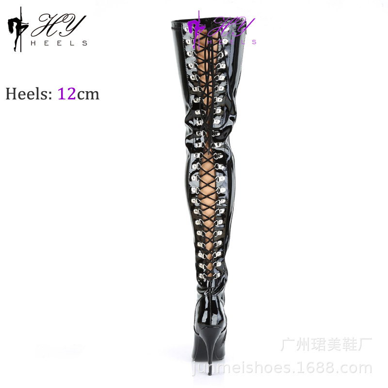Bốt da sơn mài dây chéo cổ siêu cao quá gối, gót nhỏ 12 cm, buộc dây xà cạp — Màu đen, Màu hồng, Màu đỏ hoa hồng, Màu trắng